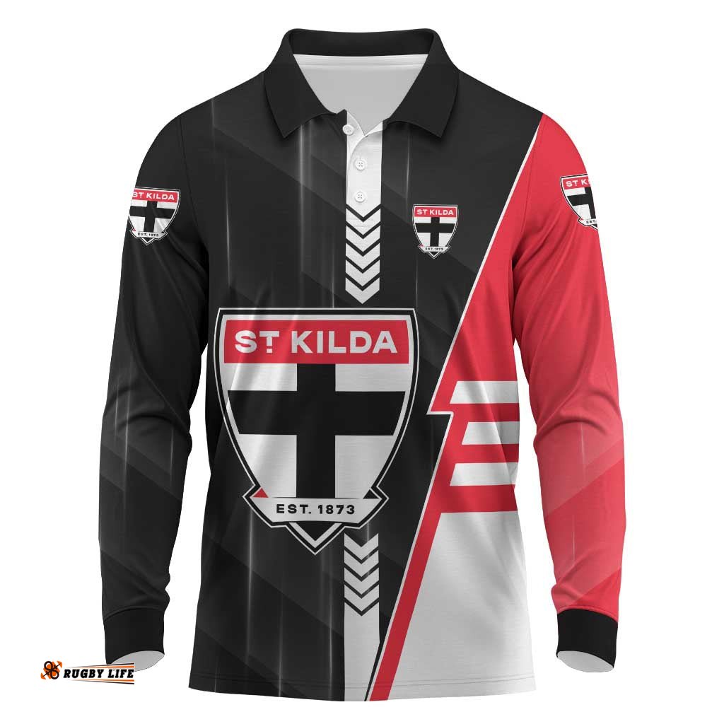 Personalized St Kilda Saints Long Sleeve Polo Shirt Modern Geometric Sports Graphic Style TS04