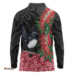 Willie wagtail Australia Long Sleeve Polo Shirt Aussie Bottlebrushes Aboriginal Art LT14