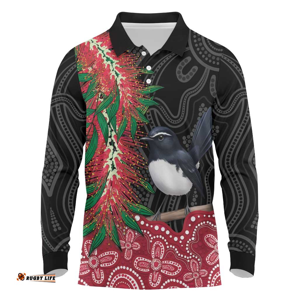 Willie wagtail Australia Long Sleeve Polo Shirt Aussie Bottlebrushes Aboriginal Art LT14