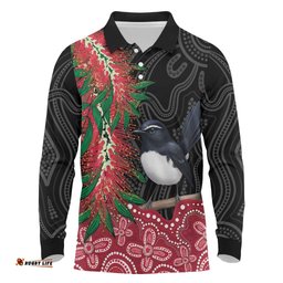 Willie wagtail Australia Long Sleeve Polo Shirt Aussie Bottlebrushes Aboriginal Art LT14