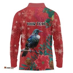 Tui Meri Kirihimete Personalised Long Sleeve Polo Shirt Pohutukawa Flowers Red Motif LT9