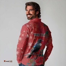 Tui Meri Kirihimete Personalised Long Sleeve Polo Shirt Pohutukawa Flowers Red Motif LT9