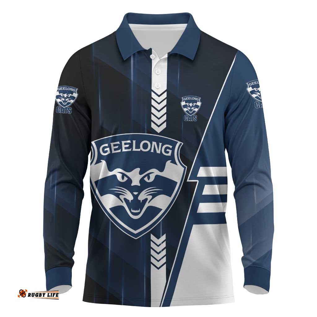 Personalized Geelong Cats Long Sleeve Polo Shirt Modern Geometric Sports Graphic Style TS04