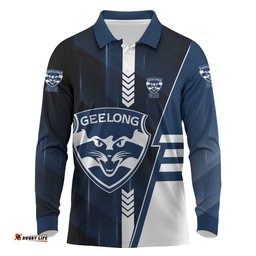 Personalized Geelong Cats Long Sleeve Polo Shirt Modern Geometric Sports Graphic Style TS04