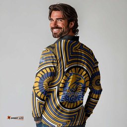 West Coast Eagles Long Sleeve Polo Shirt Indigenous Monochrome Dot Art Mascot Style TS04