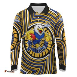 West Coast Eagles Long Sleeve Polo Shirt Indigenous Monochrome Dot Art Mascot Style TS04