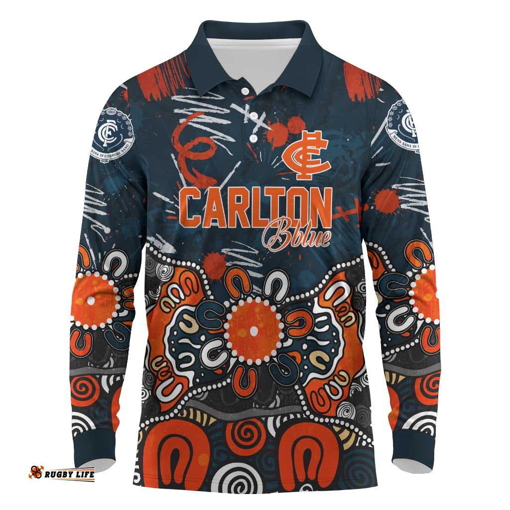 Personalized Carlton Blues Long Sleeve Polo Shirt Aboriginal Dot Painting Graffiti Style TS04