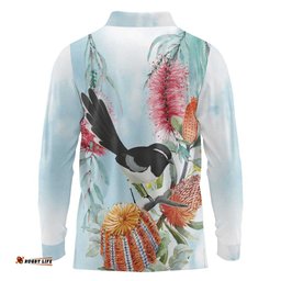 Willie wagtail Australia Long Sleeve Polo Shirt Banksia Bottlebrushes Watercolor Stylized LT14