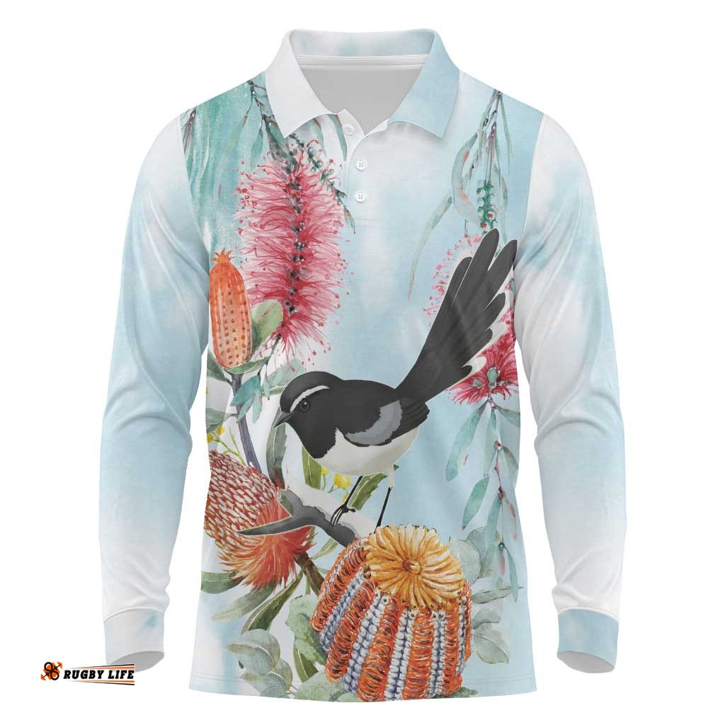 Willie wagtail Australia Long Sleeve Polo Shirt Banksia Bottlebrushes Watercolor Stylized LT14
