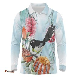 Willie wagtail Australia Long Sleeve Polo Shirt Banksia Bottlebrushes Watercolor Stylized LT14