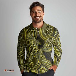 Yellow Indigenous Dragonfly Australia Long Sleeve Polo Shirt Aboriginal Art LT14