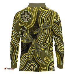 Yellow Indigenous Dragonfly Australia Long Sleeve Polo Shirt Aboriginal Art LT14