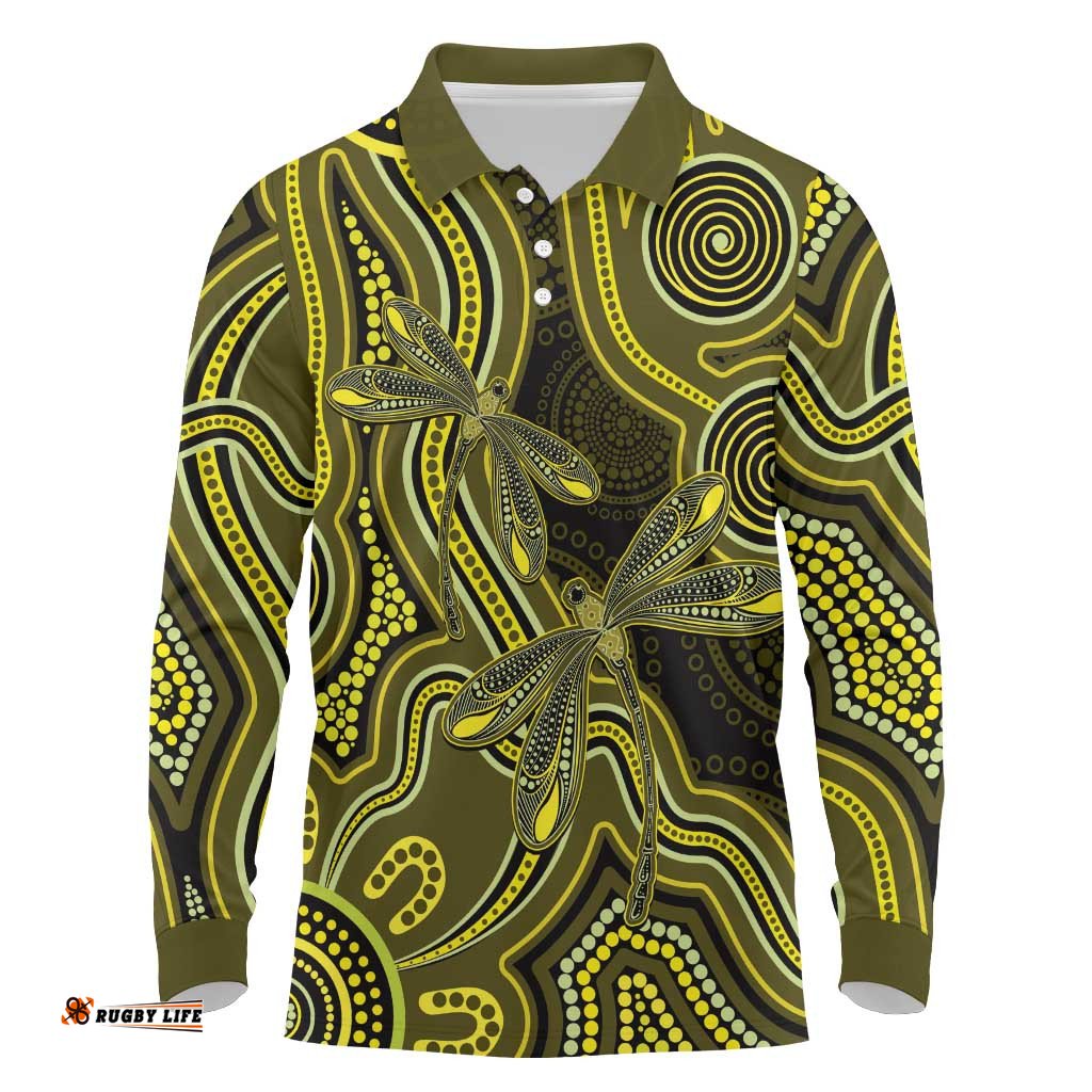 Yellow Indigenous Dragonfly Australia Long Sleeve Polo Shirt Aboriginal Art LT14