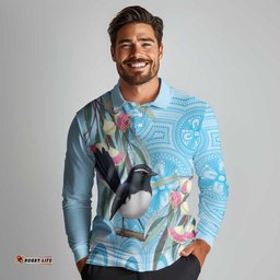 Willie wagtail Australia Long Sleeve Polo Shirt Eucalyptus Blossoms Aboriginal Art LT14