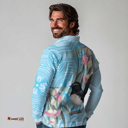 Willie wagtail Australia Long Sleeve Polo Shirt Eucalyptus Blossoms Aboriginal Art LT14