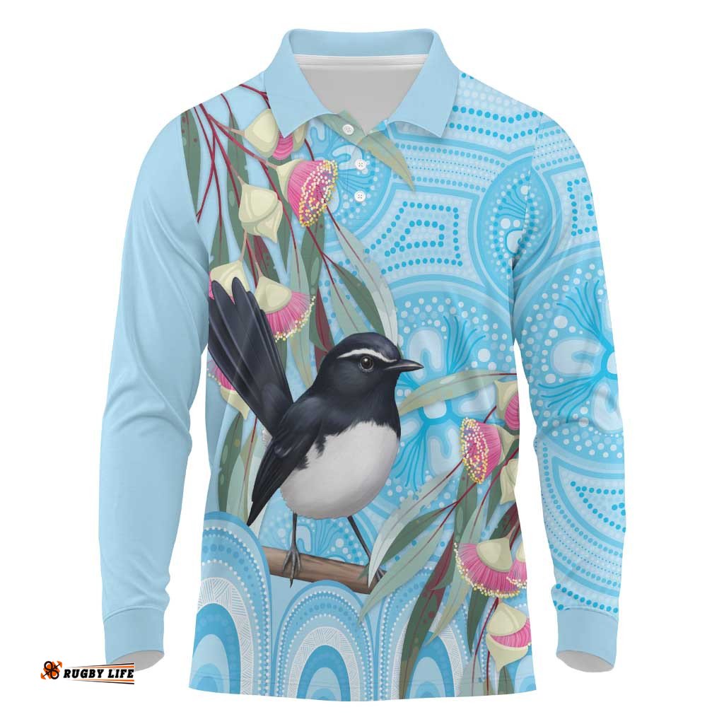 Willie wagtail Australia Long Sleeve Polo Shirt Eucalyptus Blossoms Aboriginal Art LT14