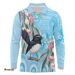 Willie wagtail Australia Long Sleeve Polo Shirt Eucalyptus Blossoms Aboriginal Art LT14
