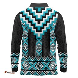 Turquoise Taniko Pattern Aotearoa Long Sleeve Polo Shirt Niho Taniwha Mix Poutama LT14