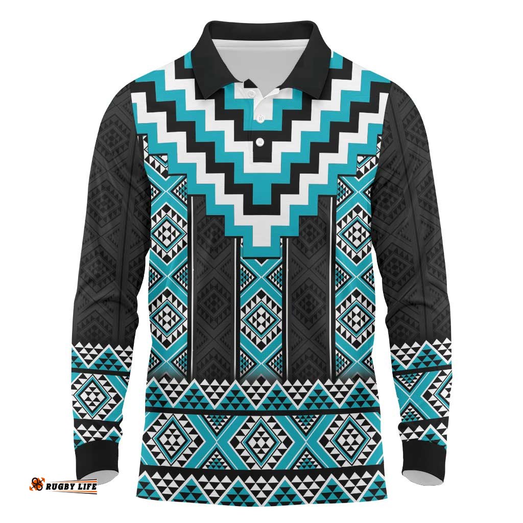Turquoise Taniko Pattern Aotearoa Long Sleeve Polo Shirt Niho Taniwha Mix Poutama LT14
