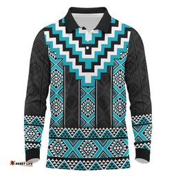 Turquoise Taniko Pattern Aotearoa Long Sleeve Polo Shirt Niho Taniwha Mix Poutama LT14