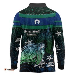 Torres Strait Islands Sea Turtle and Dhari Long Sleeve Polo Shirt Oceanic Indigenous Dotwork Tribal Illustration TS04