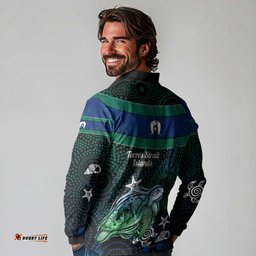 Torres Strait Islands Sea Turtle and Dhari Long Sleeve Polo Shirt Oceanic Indigenous Dotwork Tribal Illustration TS04