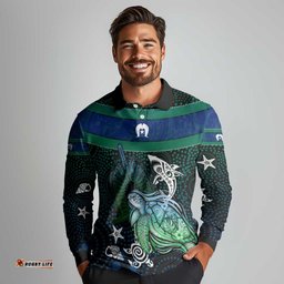 Torres Strait Islands Sea Turtle and Dhari Long Sleeve Polo Shirt Oceanic Indigenous Dotwork Tribal Illustration TS04