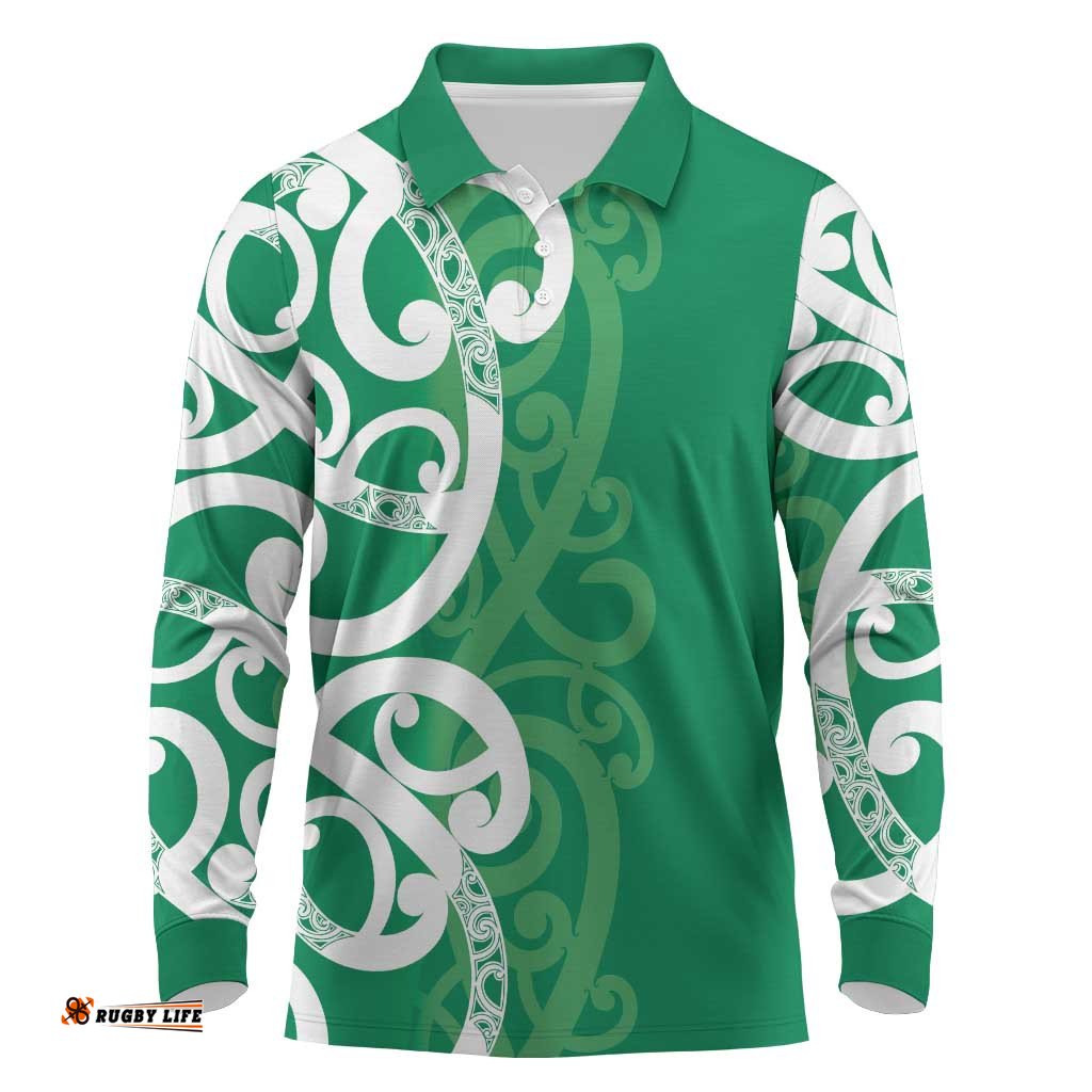 Pounamu Green Maori Long Sleeve Polo Shirt Koru Kowhaiwhai LT7