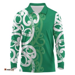 Pounamu Green Maori Long Sleeve Polo Shirt Koru Kowhaiwhai LT7