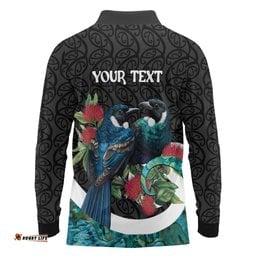 Personalised Valentine's Day New Zealand Long Sleeve Polo Shirt Tui Bird Couple Kowhaiwhai Mix Pohutukawa LT14