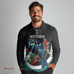 Personalised Valentine's Day New Zealand Long Sleeve Polo Shirt Tui Bird Couple Kowhaiwhai Mix Pohutukawa LT14