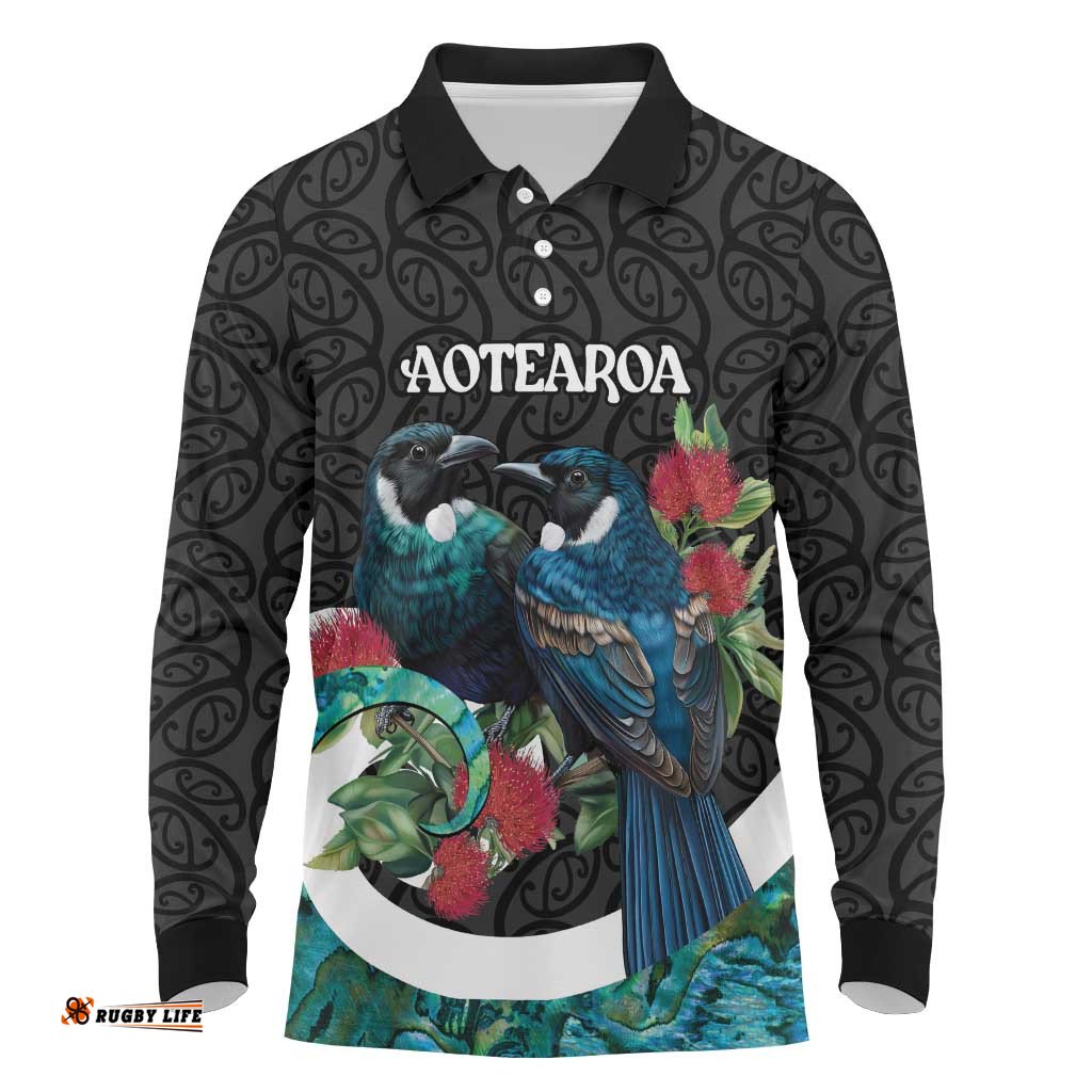 Personalised Valentine's Day New Zealand Long Sleeve Polo Shirt Tui Bird Couple Kowhaiwhai Mix Pohutukawa LT14