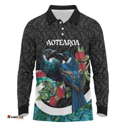 Personalised Valentine's Day New Zealand Long Sleeve Polo Shirt Tui Bird Couple Kowhaiwhai Mix Pohutukawa LT14