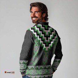 Green Taniko Pattern Aotearoa Long Sleeve Polo Shirt Niho Taniwha Mix Poutama LT14