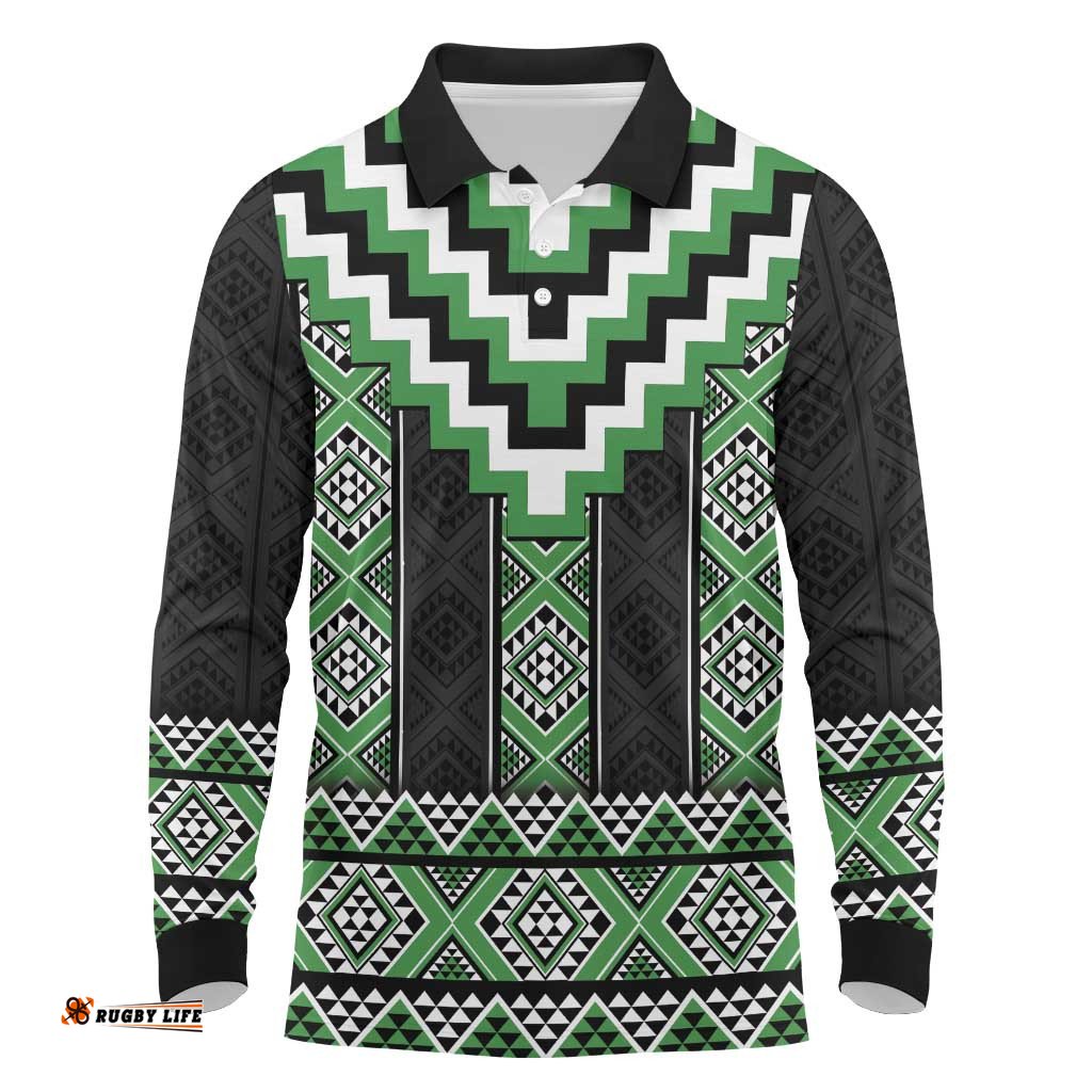 Green Taniko Pattern Aotearoa Long Sleeve Polo Shirt Niho Taniwha Mix Poutama LT14