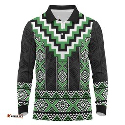 Green Taniko Pattern Aotearoa Long Sleeve Polo Shirt Niho Taniwha Mix Poutama LT14