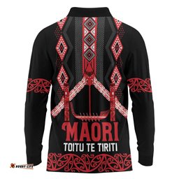 Toitu Te Tiriti Waitangi Long Sleeve Polo Shirt Black Wharenui House LT9