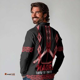 Toitu Te Tiriti Waitangi Long Sleeve Polo Shirt Black Wharenui House LT9