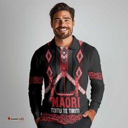 Toitu Te Tiriti Waitangi Long Sleeve Polo Shirt Black Wharenui House LT9