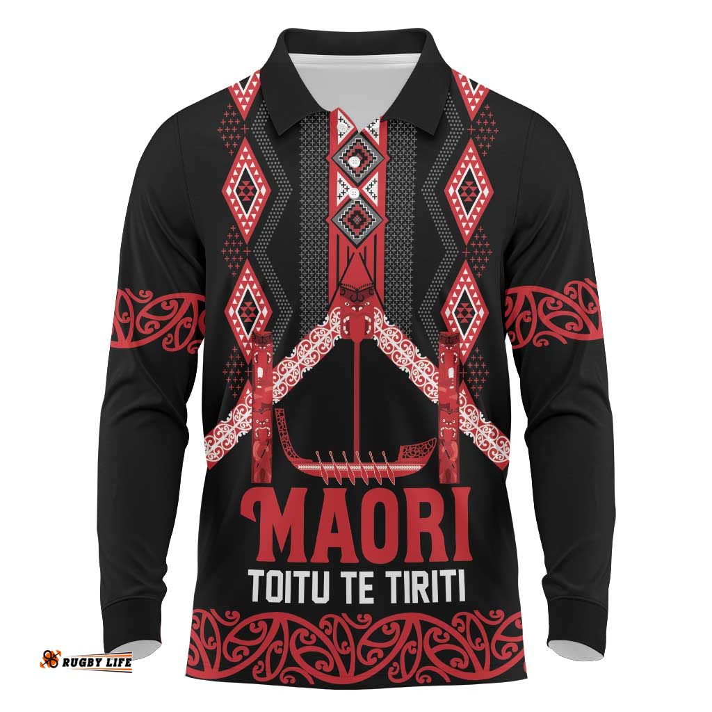 Toitu Te Tiriti Waitangi Long Sleeve Polo Shirt Black Wharenui House LT9