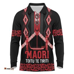 Toitu Te Tiriti Waitangi Long Sleeve Polo Shirt Black Wharenui House LT9