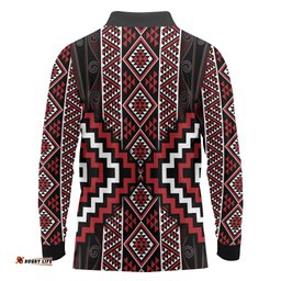 Red Tukutuku Pattern Aotearoa Long Sleeve Polo Shirt Niho Taniwha and Puhoro Motifs LT7