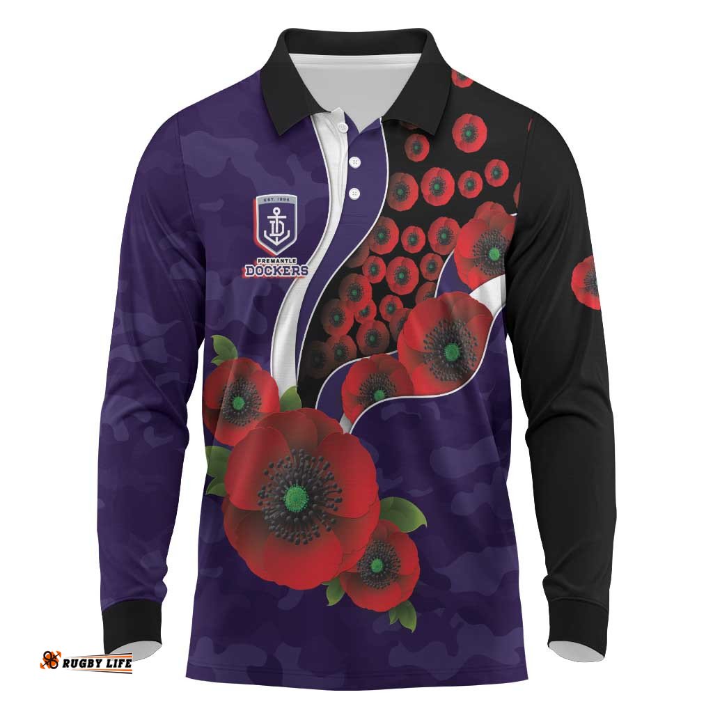 Fremantle Dockers ANZAC Personalised Long Sleeve Polo Shirt Lest We Forget Poppy Camo LT9