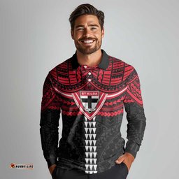 Personalized St Kilda Saints Long Sleeve Polo Shirt Polynesian Tribal Pattern Heritage Football TS04