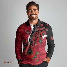 Essendon Bombers ANZAC Personalised Long Sleeve Polo Shirt Lest We Forget Poppy Camo LT9