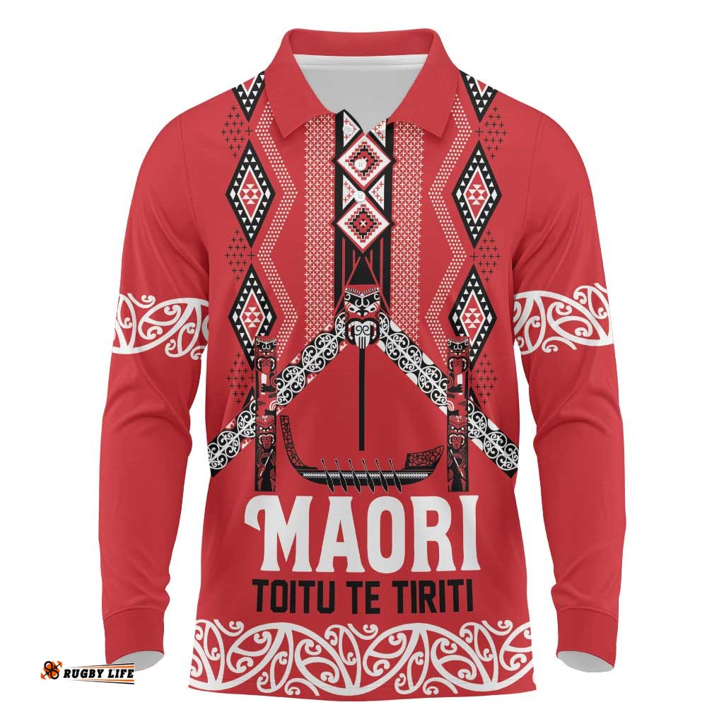 Toitu Te Tiriti Waitangi Long Sleeve Polo Shirt Red Wharenui House LT9