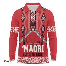 Toitu Te Tiriti Waitangi Long Sleeve Polo Shirt Red Wharenui House LT9