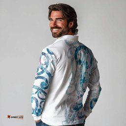 Turquoise Paua Shell Maori Long Sleeve Polo Shirt Koru Kowhaiwhai LT7