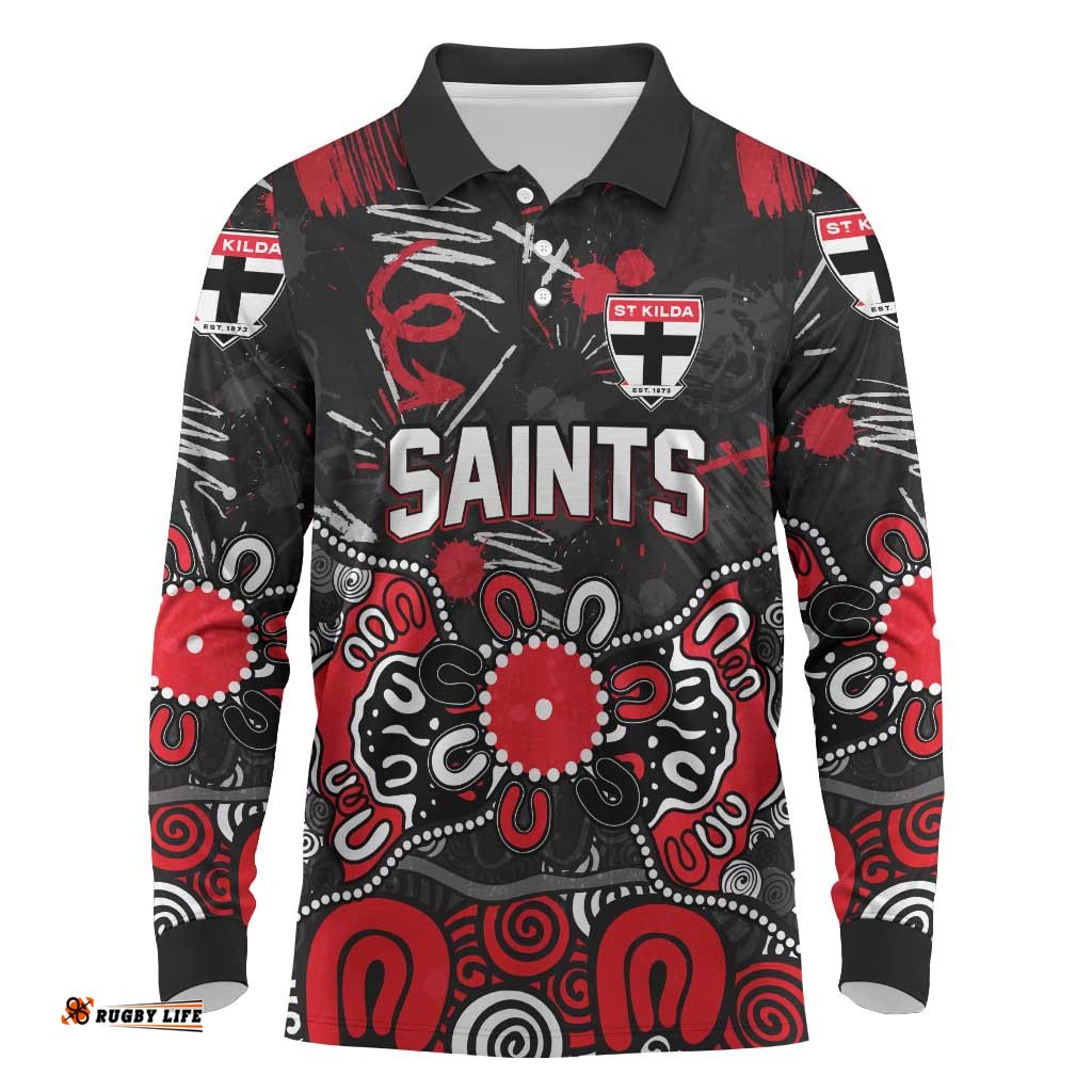 Personalized St Kilda Saints Long Sleeve Polo Shirt Aboriginal Dot Painting Graffiti Style TS04