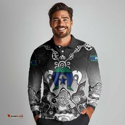 Torres Strait Islander Flag Long Sleeve Polo Shirt Dhari Indigenous Dotwork Pattern Art TS04